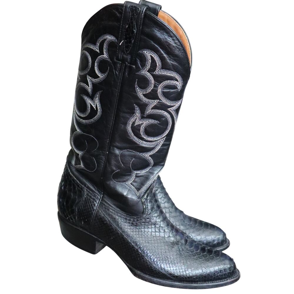 Vintage Ferrini Black Python Snakeskin Leather Cowboy Boots Men 10 EE Western